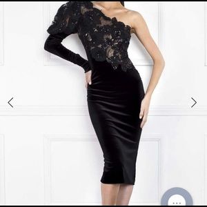 Nicole Bakti Cocktail Dress One Shoulder Velour Lace Sequin 6